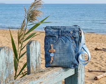 Recycled Denim Shoulder Bag – Upcycled Jeans Cross-Body- DNM half story