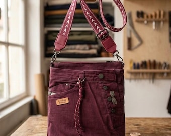 Recycled Denim Shoulder Bag – Upcycled Jeans Cross-Body- The Vintage Vino Satchel
