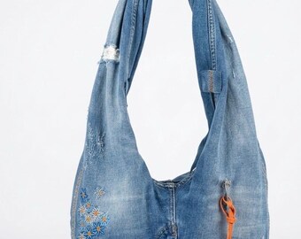 Upcycled Denim Hobo Bag, Embroidered Flowers, Orange Duck Charm