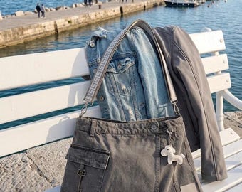 Olive Green Denim Hobo Bag – Upcycled, Horse Charm, Artisanal Shoulder Bag