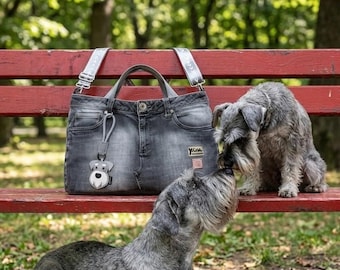 Recycled Denim Shoulder Bag – Upcycled Jeans Cross-Body with Schnauzer Charm