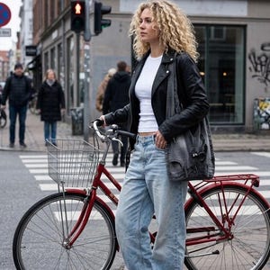 May include: A red bicycle with a silver basket and black tires stands on a city street. A person wearing a black leather jacket, white shirt, and light blue jeans stands next to the bike. The background shows a street scene with buildings and pedestrians.