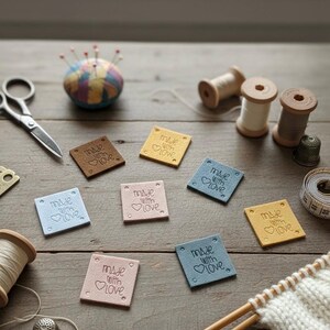 May include: A collection of sewing and knitting supplies, including spools of thread, scissors, a pincushion, and small square tags. The tags are in various colors and read "made with love". The items are arranged on a wooden surface.