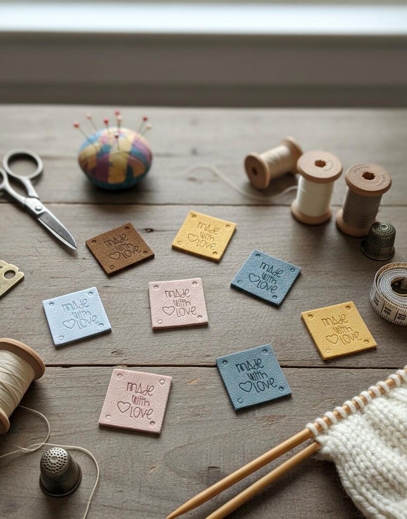 May include: A collection of sewing and knitting supplies, including spools of thread, scissors, a pincushion, and small square tags. The tags are in various colors and read "made with love". The items are arranged on a wooden surface.