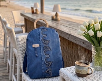 Upcycled Denim Overall Backpack – Handmade Recycled Jean Rucksack with Wooden Handle and Embroidery