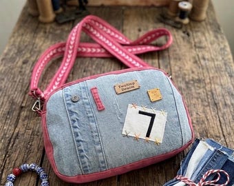 Recycled Denim Shoulder Bag – Upcycled Jeans Cross Body- Lucky 7