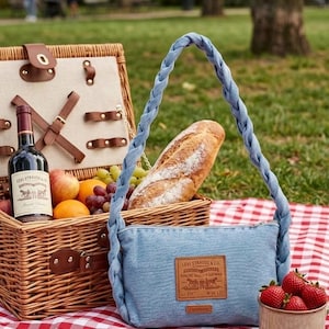 Op de afbeelding: Een picknickscène met een rieten mand, een denim tas en een rood-wit geruite deken. De mand bevat een fles wijn, fruit en een stokbrood. De denim tas heeft een gevlochten handvat en een Levi Strauss & Co. label. Een mok aardbeien staat in de buurt.