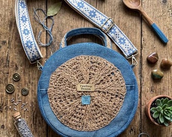 Recycled Denim Shoulder Bag – Upcycled Jeans Cross Body- Round bag