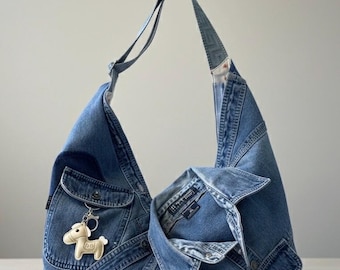 Denim Crossbody Bag – Large Patchwork Tote, Laptop Bag, Upcycled Japanese Origami Style