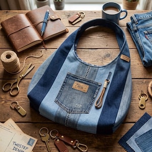 Puede incluir: Un bolso tote de mezclilla con diseño de patchwork, en varios tonos de azul. El bolso tiene un bolsillo con una etiqueta Diesel y una correa de cuero. Otros elementos incluyen un diario de cuero, llaves y una taza de café.