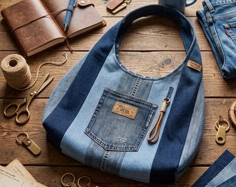 Patchwork Denim Hobo Bag – Large Tote, Laptop Bag, Upcycled Diesel jeans