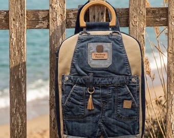 Upcycled Denim Overall Backpack – Handmade Recycled Jean Rucksack with Wooden Handle