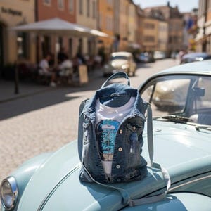 以下が含まれることがあります： ライトブルーのヴィンテージカーのボンネットに、デニムジャケットとスパンコールデザインの白いTシャツが置かれています。 ジャケットはボタン留めで、ポケットが付いています。 背景にはヨーロッパの街並みが写っています。