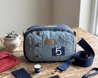 Recycled Denim Shoulder Bag – Upcycled Jeans Cross Body- Lucky 5