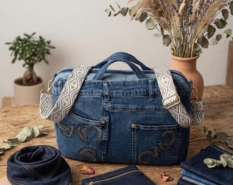 Denim Recycled Tote Bag – Eco-Friendly Shoulder Bag with Embroidery