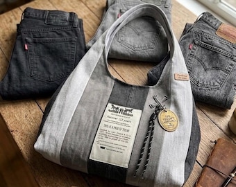 Upcycled Levi's Denim Hobo Bag – Large Patchwork Tote, Laptop Bag