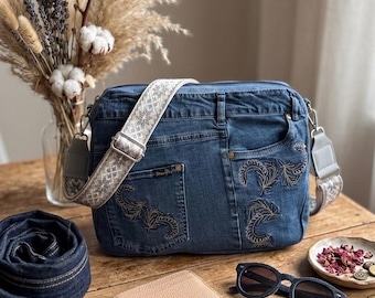 Denim Recycled Tote Bag – Eco-Friendly Shoulder Bag with Embroidery