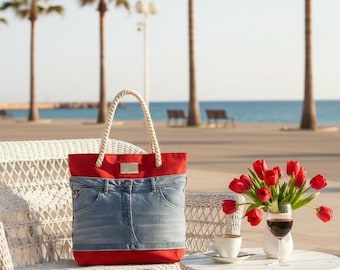 Denim tote bag with red Canvas and Nautical rope