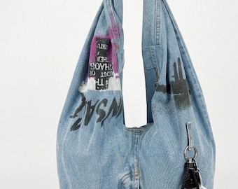 Upcycled Denim Hobo Bag, Hand-Painted, Leather Pendant, Boho Tote