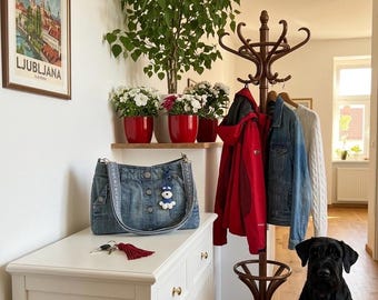 Recycled Denim Shoulder Bag – Upcycled Jeans Cross-Body with Schnauzer Charm