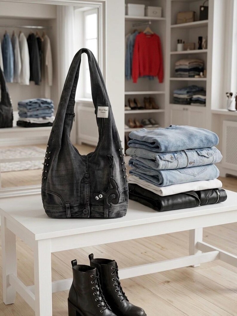 May include: A dark gray denim tote bag with silver studs and decorative stitching sits on a white table. A stack of denim jackets and jeans are next to the bag. Black ankle boots with laces are in front of the table.