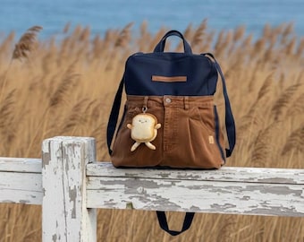 Upcycled Denim Backpack  Eco-Friendly - Commuter Rucksack Zara black label denim and Chino trousers