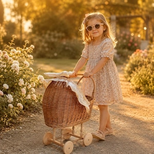 Könnte beinhalten: Ein Puppenwagen aus Weidengeflecht mit weißem Stoffeinsatz und Holzrädern, begleitet von einem Kind in einem geblümten Kleid mit rosa Haarschleife und runder Sonnenbrille. Der Wagen zeichnet sich durch ein geflochtenes Design und einen Holzrahmen aus.