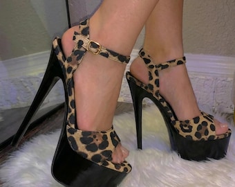 Leopard Print Stiletto Heels, Peep Toe Ankle Strap Platform Shoes