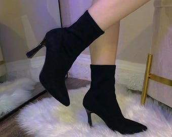 Black Sock Boots Gift for Her Stiletto Ankle Heels Pointed Toe Faux Suede