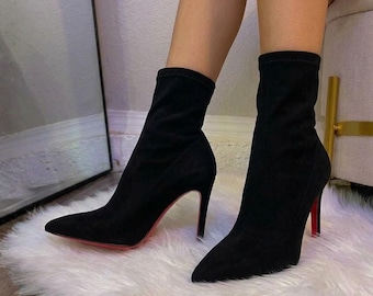 Black Faux Suede Sock Boots for Her | Pointed Toe Outfit | Stiletto Red Sole Costume | Sock Boots Idea for Night Out