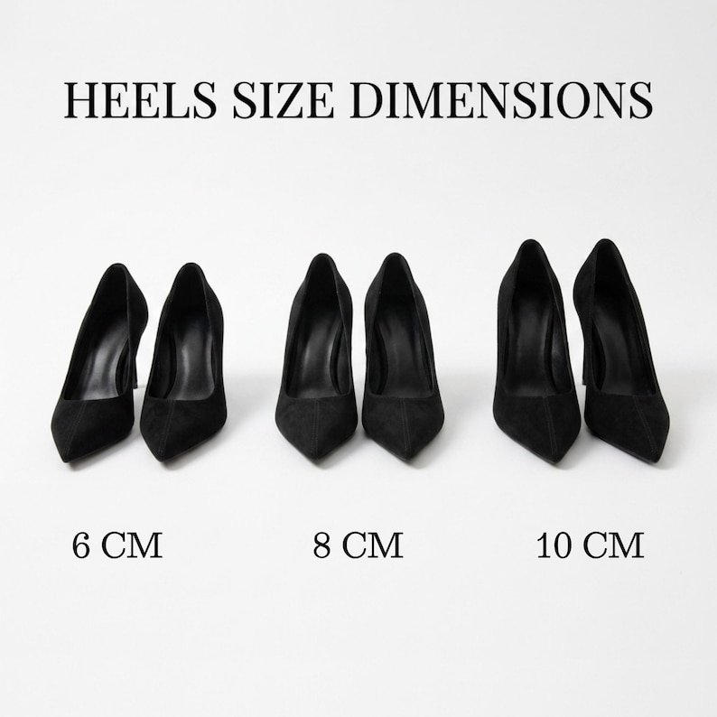 May include: Three pairs of black pointed-toe pumps arranged in a row, labeled HEELS SIZE DIMENSIONS. The pairs are marked with heights of 6 cm, 8 cm, and 10 cm respectively. Each pair features a sleek, solid black finish and a classic stiletto silhouette.