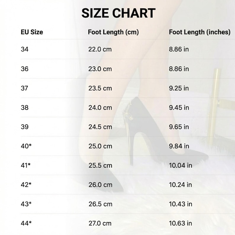May include: Size chart for shoes, showing EU sizes and corresponding foot lengths in centimeters and inches. The chart includes sizes from EU 34 (8.66 inches) to EU 44 (10.63 inches). A black high-heeled shoe is partially visible.