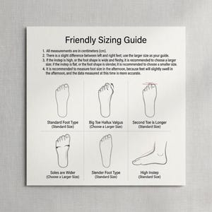 May include: A white Friendly Sizing Guide chart featuring black text and six black line-art illustrations of feet. The guide provides instructions for measuring feet in centimeters and selecting shoe sizes based on foot shape and toe length.
