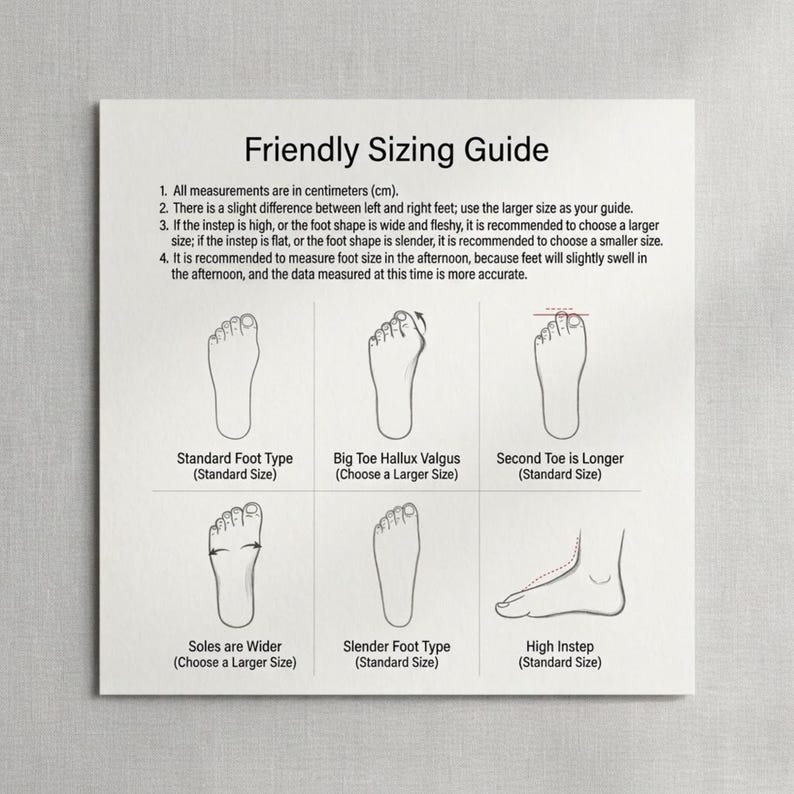 May include: A white Friendly Sizing Guide chart featuring black text and six black line-art illustrations of feet. The guide provides instructions for measuring feet in centimeters and selecting shoe sizes based on foot shape and toe length.