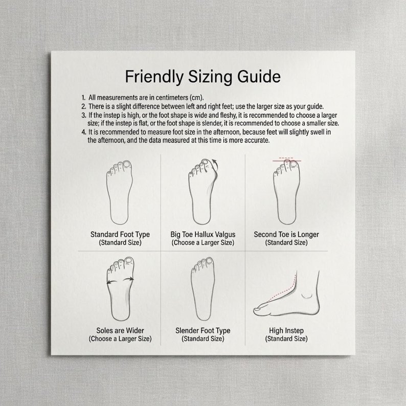 May include: A white square sizing guide chart titled Friendly Sizing Guide with black text and line drawings of feet. It includes instructions for measuring feet in centimeters and illustrates six foot types: standard, hallux valgus, long second toe, wide soles, slender, and high instep.