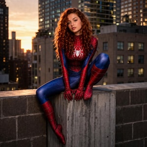 May include: A person in a Spider-Man costume, featuring a red and blue colour scheme and a white spider emblem. The person is seated on a concrete ledge, with a cityscape backdrop at dusk.