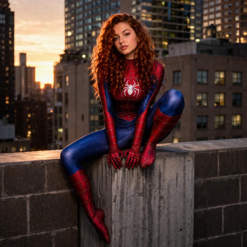 May include: A person in a Spider-Man costume, featuring a red and blue colour scheme and a white spider emblem. The person is seated on a concrete ledge, with a cityscape backdrop at dusk.