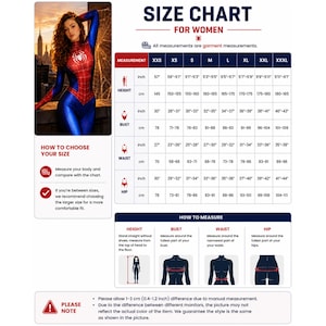 May include: Size chart for women, displaying measurements in inches and centimetres. It includes height, bust, waist, and hip measurements for sizes XXS to XXXL. The chart also provides instructions on how to measure each body part.