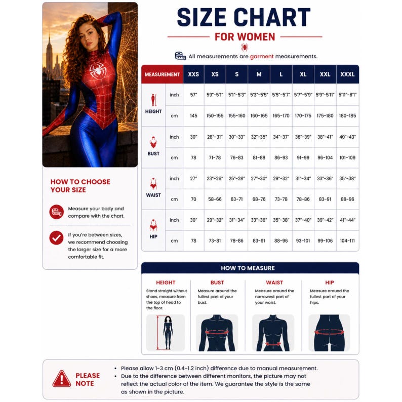 May include: Size chart for women, displaying measurements in inches and centimetres. It includes height, bust, waist, and hip measurements for sizes XXS to XXXL. The chart also provides instructions on how to measure each body part.