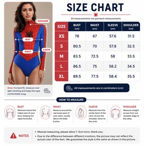 May include: Size chart for a Spider-Man-themed bodysuit. The chart includes bust, waist, sleeve, and shoulder measurements in centimeters for sizes XS to XL. Instructions on how to measure are also included.