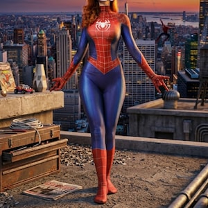 May include: A person in a blue and red Spider-Man costume stands on a rooftop overlooking a city skyline. The costume features a spider emblem on the chest and red accents. A comic book, toy car, and toolbox are visible.