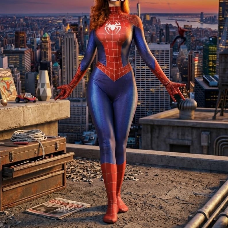 May include: A person in a blue and red Spider-Man costume stands on a rooftop overlooking a city skyline. The costume features a spider emblem on the chest and red accents. A comic book, toy car, and toolbox are visible.