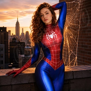 May include: A blue and red superhero costume with a spider emblem on the chest. The costume has a web pattern and is worn by a person with curly brown hair. The background features a cityscape at sunset.