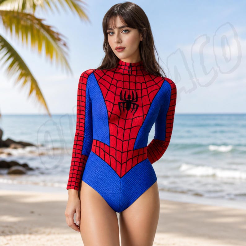 May include: A long-sleeved, blue and red bodysuit with a Spider-Man design. The suit features a red spiderweb pattern on the upper body and sleeves, with a black spider emblem on the chest. The background is a beach scene.