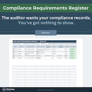 May include: A digital Compliance Requirements Register template featuring the text Compliance Requirements Register, The auditor wants your compliance records. You've got nothing to show., and Solution. It includes a table with columns for Req ID, Category, Requirement Name, Governing Authority, Regulatory Reference, Applies To, Specific Role, Frequency, and Current Status.