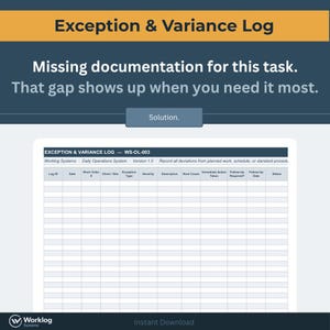 Puede incluir: Documento digital titulado "Exception & Variance Log" con un encabezado azul oscuro y naranja. El documento incluye una tabla con columnas para registrar las desviaciones del trabajo planificado, el cronograma o los procedimientos estándar.
