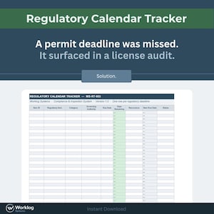 Puede incluir: Una plantilla de hoja de cálculo digital Regulatory Calendar Tracker con encabezado azul oscuro, texto blanco y una columna verde claro para los días restantes. La tabla incluye columnas para ID de artículo, elemento, categoría y fecha.