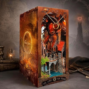 Kit per angolo lettura ispirato al Signore degli Anelli / Inserto per libreria con drago e anello fantasy / Diorama in legno fai-da-te con LED / Regalo per amanti dei libri e fan di Tolkien