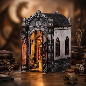 Dragon Lair Book Nook Kit | 3D Wooden Puzzle Bookshelf Insert | LED Light + Touch Switch | Miniature Diorama | Fantasy Decor Gift