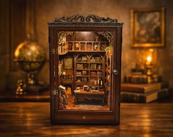 May include: A miniature wooden library diorama with a glass door. The interior features bookshelves, a desk, and a fireplace, all meticulously crafted. The diorama is housed in a dark wood cabinet with ornate detailing, creating a cozy, vintage aesthetic.